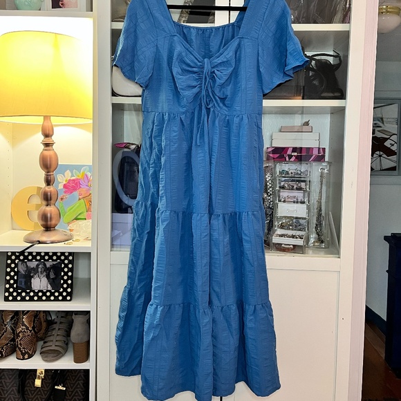Cerulean Blue Ruched Drawstring Neck Tiered Dress w Pockets - Picture 1 of 6